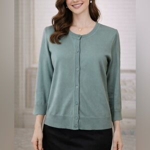 Talbots Womens Cardigan Sweater Seaglass Blue Green Small S Classic Pima Cotton